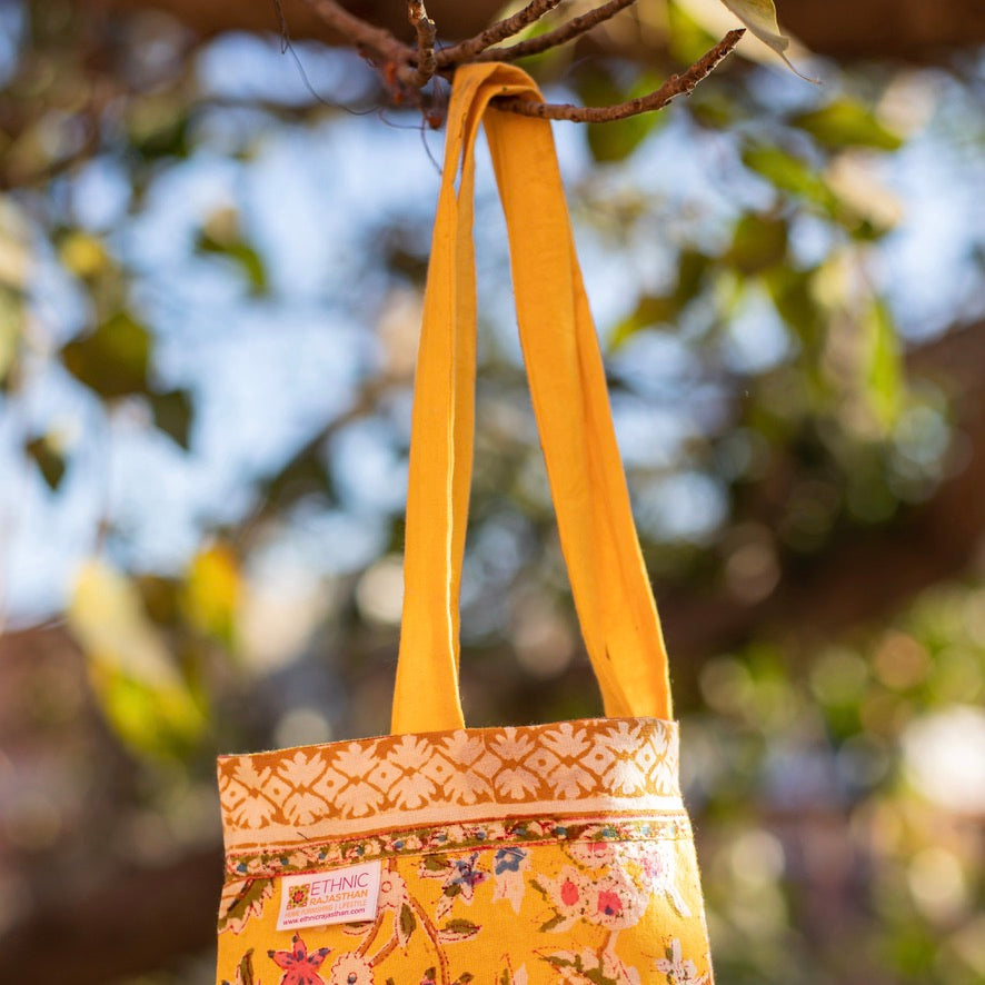 Yellow Floral Jaal Cotton Shopping Bag