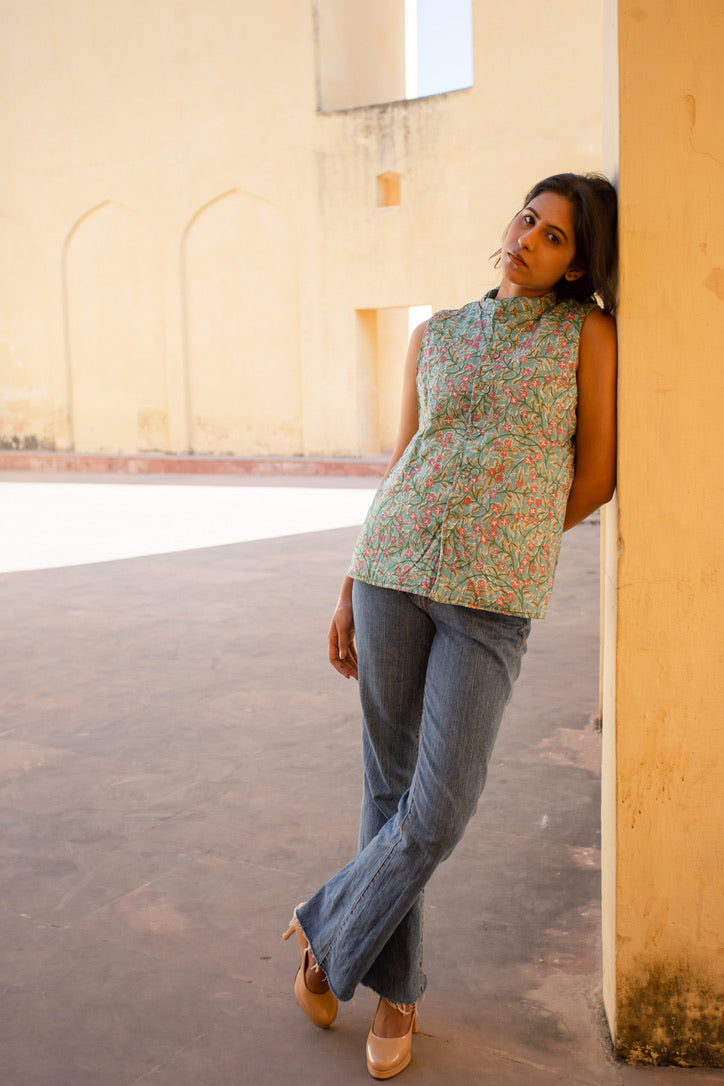 Quilted Sleeveless Jacket - Green and Pink - Buti - PhoolQuilted Sleeveless Jacket - Green and Pink - Buti - Phool