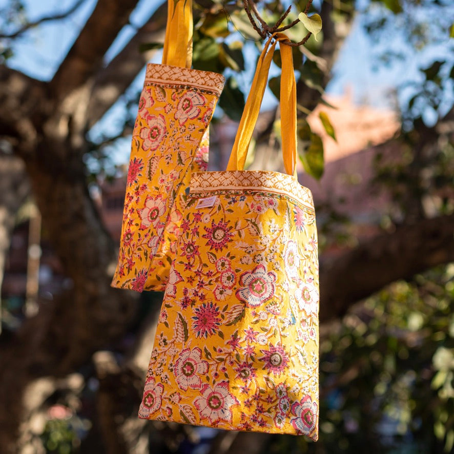 Yellow Floral Jaal Cotton Shopping Bag