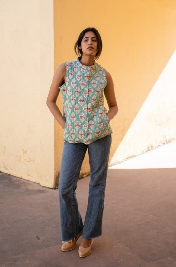 Quilted Sleeveless Jacket - Green and Pink - Buti - PhoolQuilted Sleeveless Jacket - Green and Pink - Buti - Phool