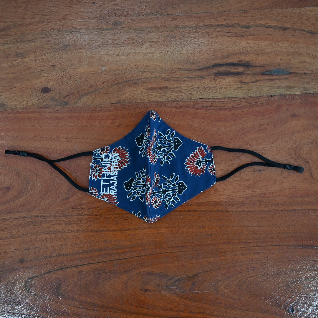 Cotton 3 Layer Adjustable Mask Red Blue Floral Booti Print 1 (6668201656419)