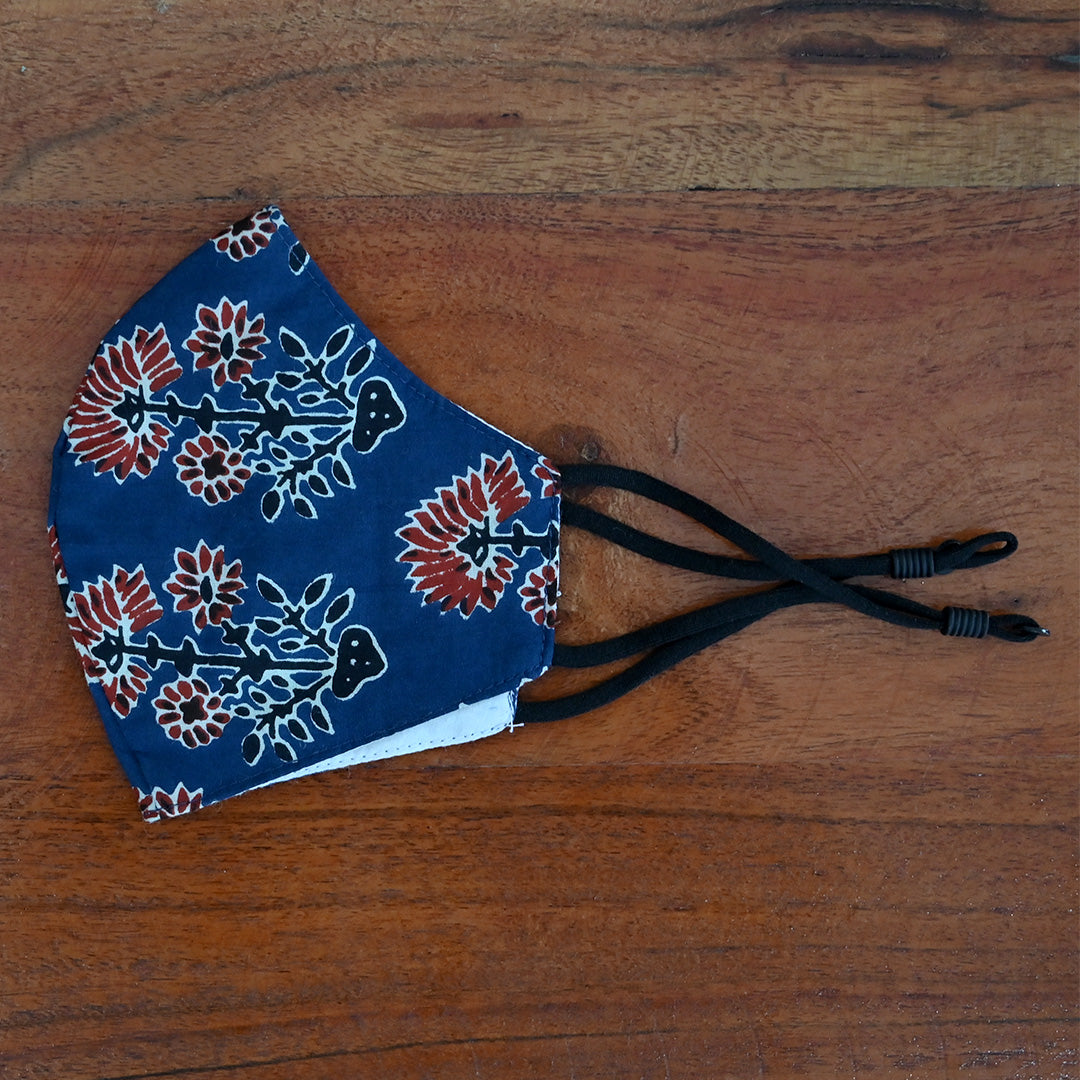 Cotton 3 Layer Adjustable Mask Red Blue Floral Booti Print 2 (6668201656419)