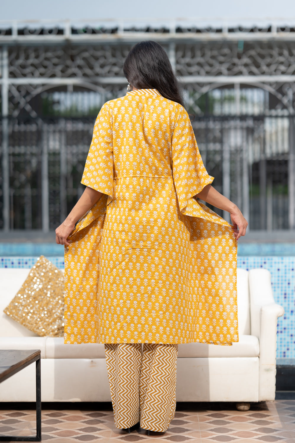 Cotton Sunflower Yellow Kaftan With Pant Set 2