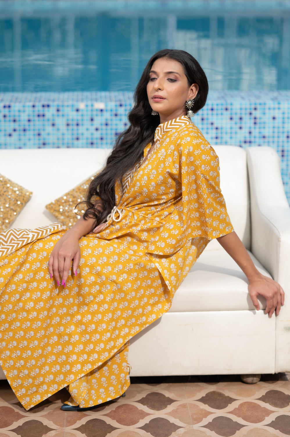 Cotton Sunflower Yellow Kaftan With Pant Set 3