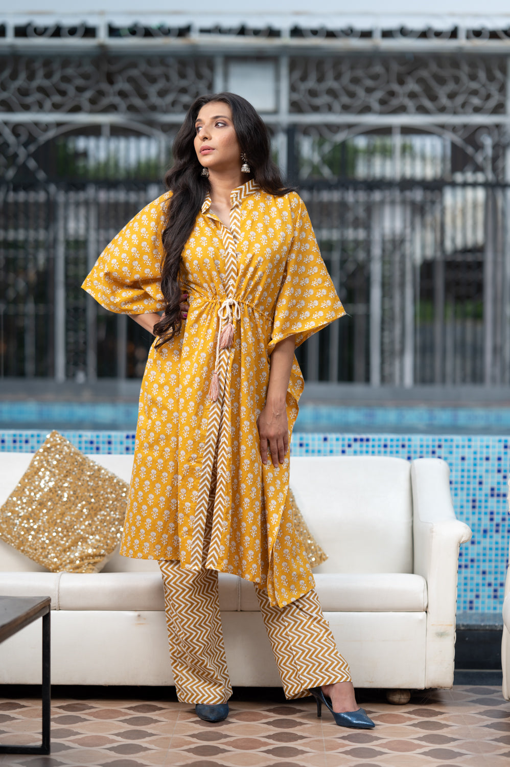 Cotton Sunflower Yellow Kaftan With Pant Set