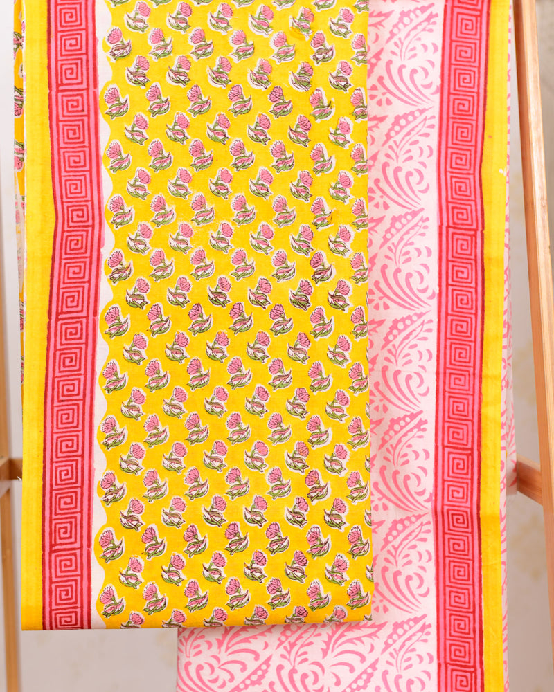 Cotton Unstitched Suit Cotton Dupatta Yellow Pink Booti Block Print 1 (6741644836963)