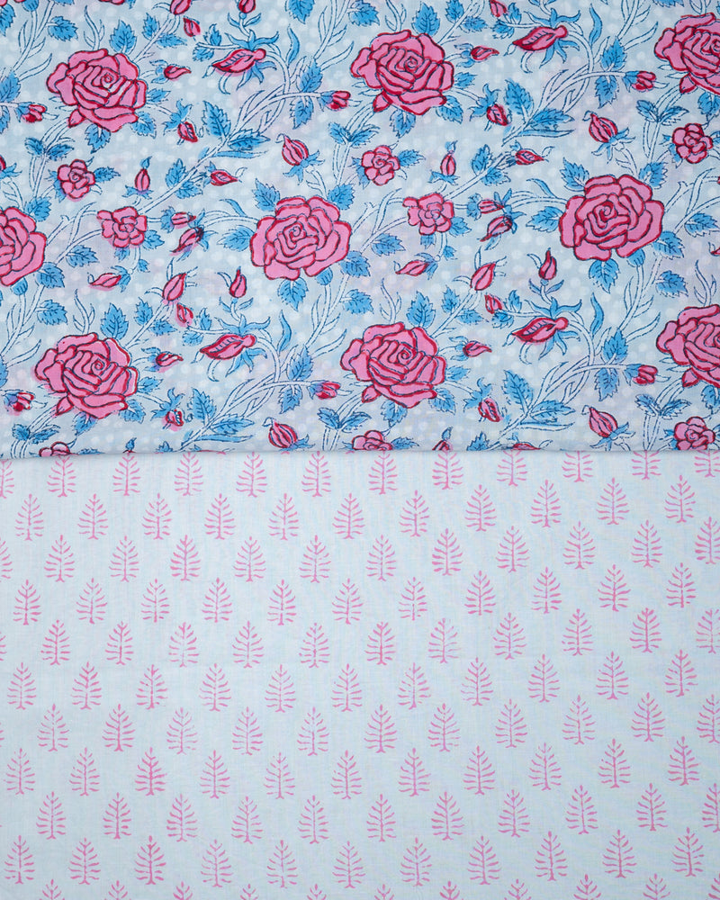 Cotton Unstitched Suit with Kota Doria Dupatta Pink Blue Rose Jaal Block Print 2 (6800593027171)