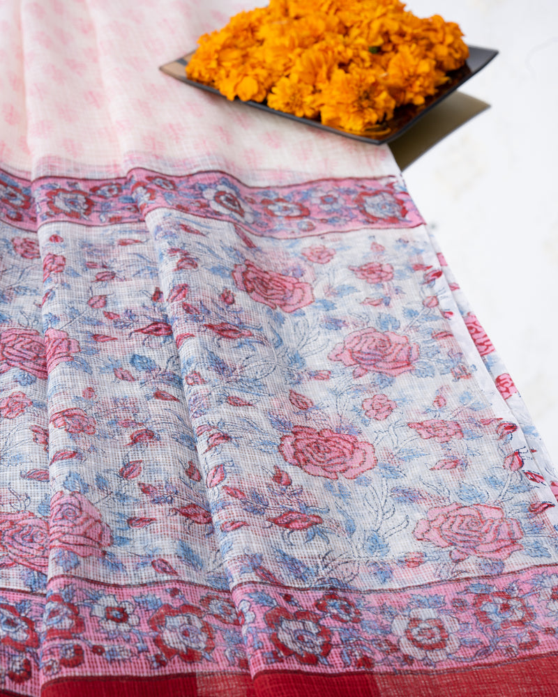 Cotton Unstitched Suit with Kota Doria Dupatta Pink Blue Rose Jaal Block Print 1 (6800593027171)