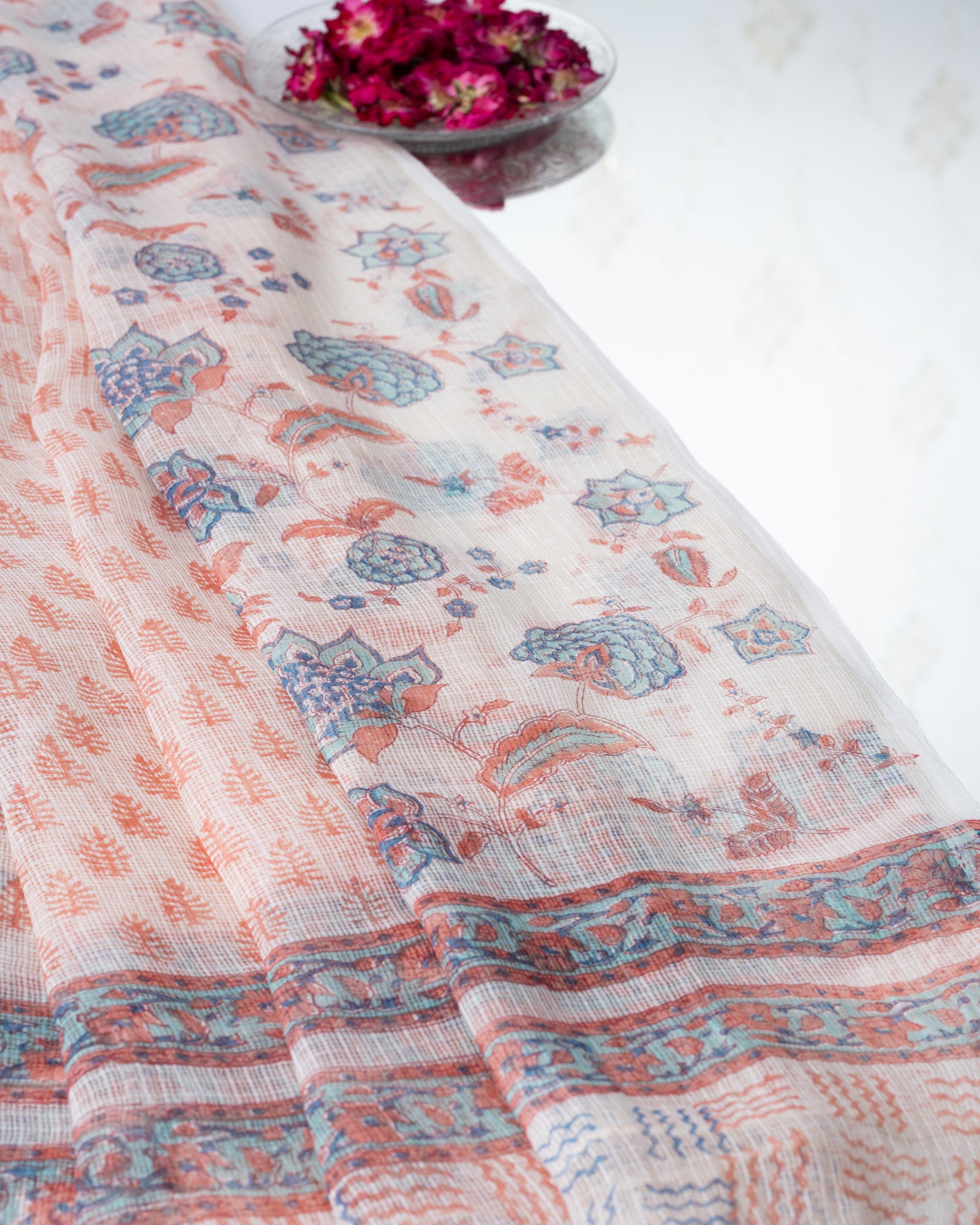 Cotton Unstitched Suit Kota Doria Dupatta Light Blue Floral Block Print (6768892248163)