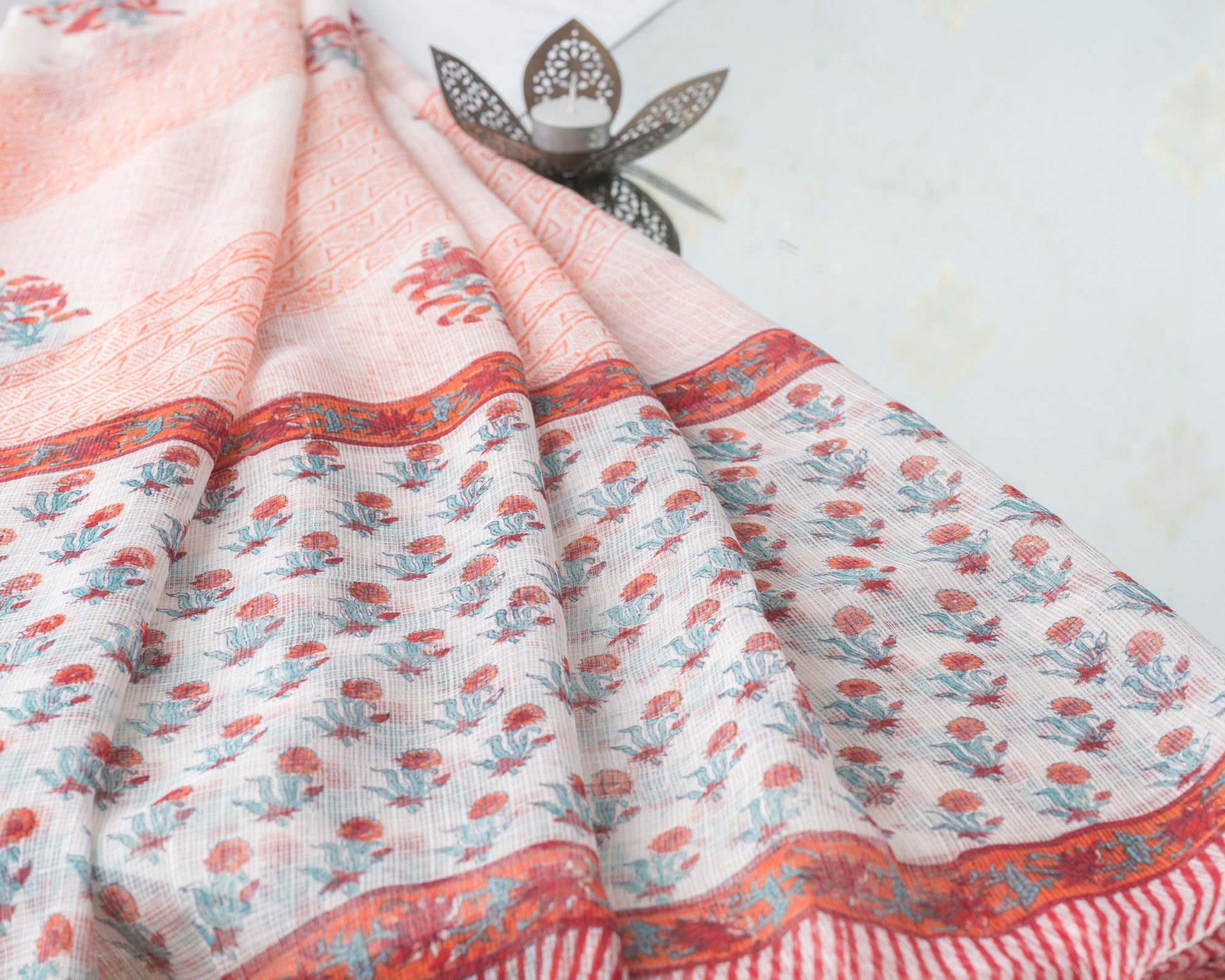 Cotton Unstitched Suit Kota Doria Dupatta Orange Green Booti Block Print 1 (6741645230179)