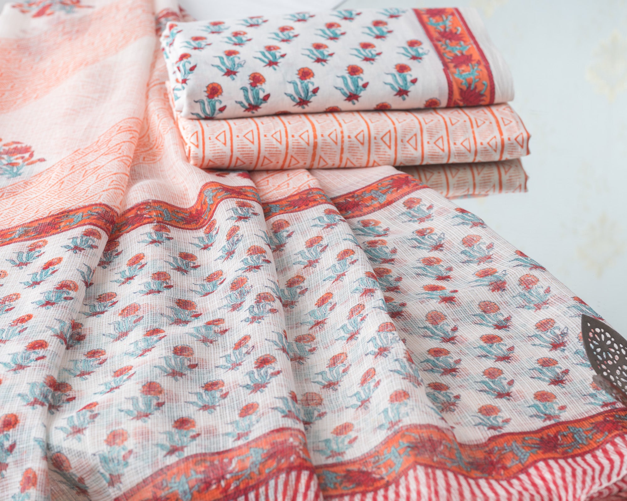 Cotton Unstitched Suit Kota Doria Dupatta Orange Green Booti Block Print (6741645230179)