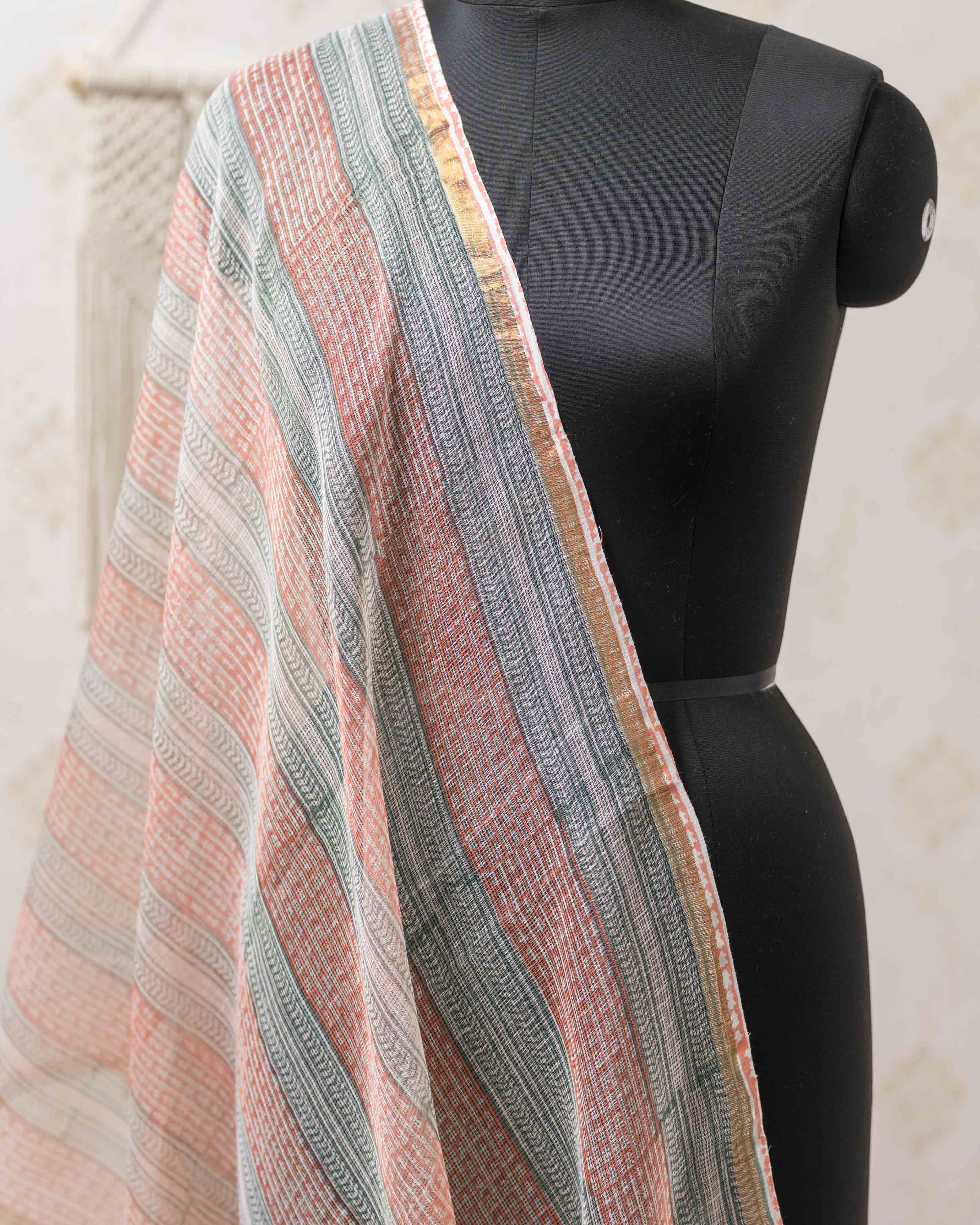 Cotton Unstitched Suit Kota Doria Dupatta Pink Orange Jaal Block Print 2 (6752927711331)