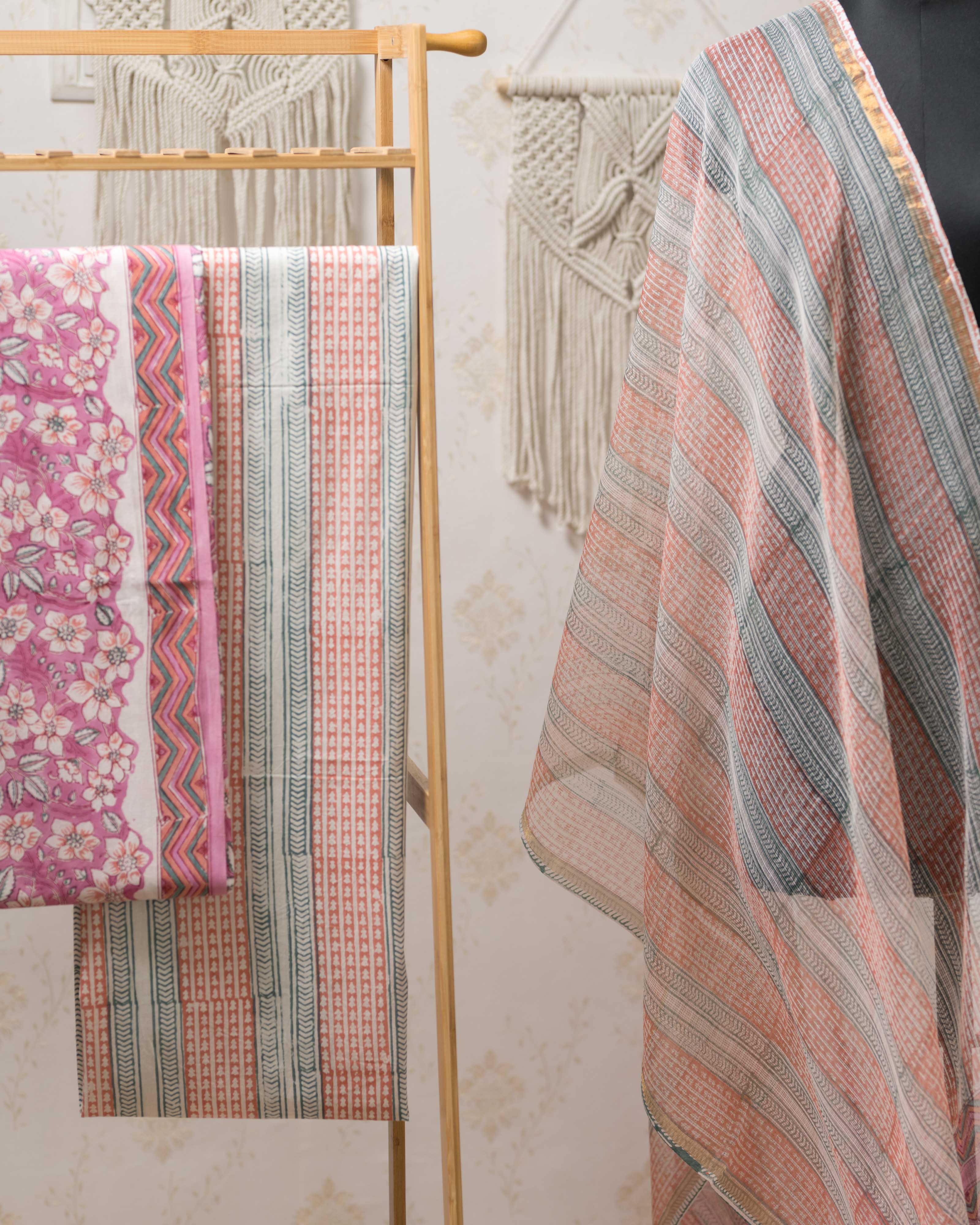 Cotton Unstitched Suit Kota Doria Dupatta Pink Orange Jaal Block Print 1 (6752927711331)