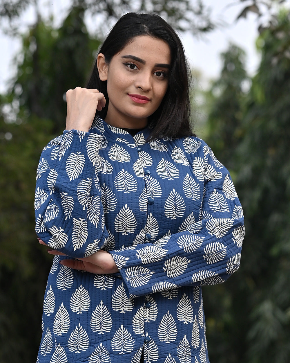 Cotton Full Sleeves Quilted Jacket Indigo Leaf Block Print 2 (6670640349283)