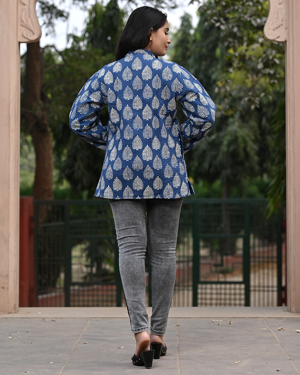 Cotton Full Sleeves Quilted Jacket Indigo Leaf Block Print 1 (6670640349283)