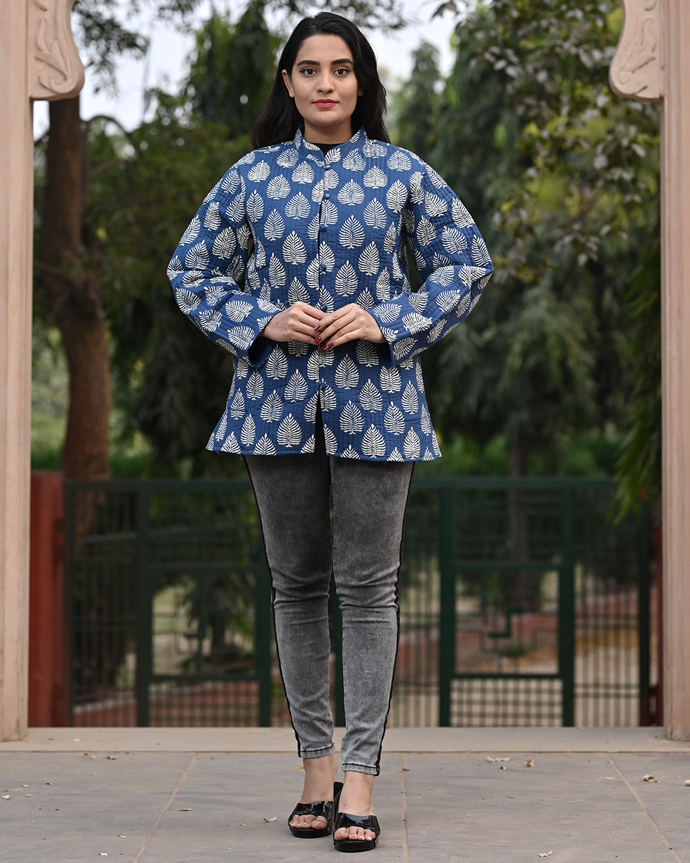Cotton Full Sleeves Quilted Jacket Indigo Leaf Block Print (6670640349283)