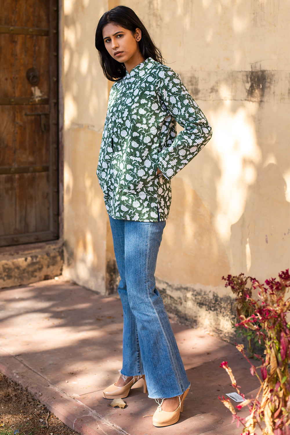 Cotton Full Sleeves Quilted Jacket White Green Floral Block Print