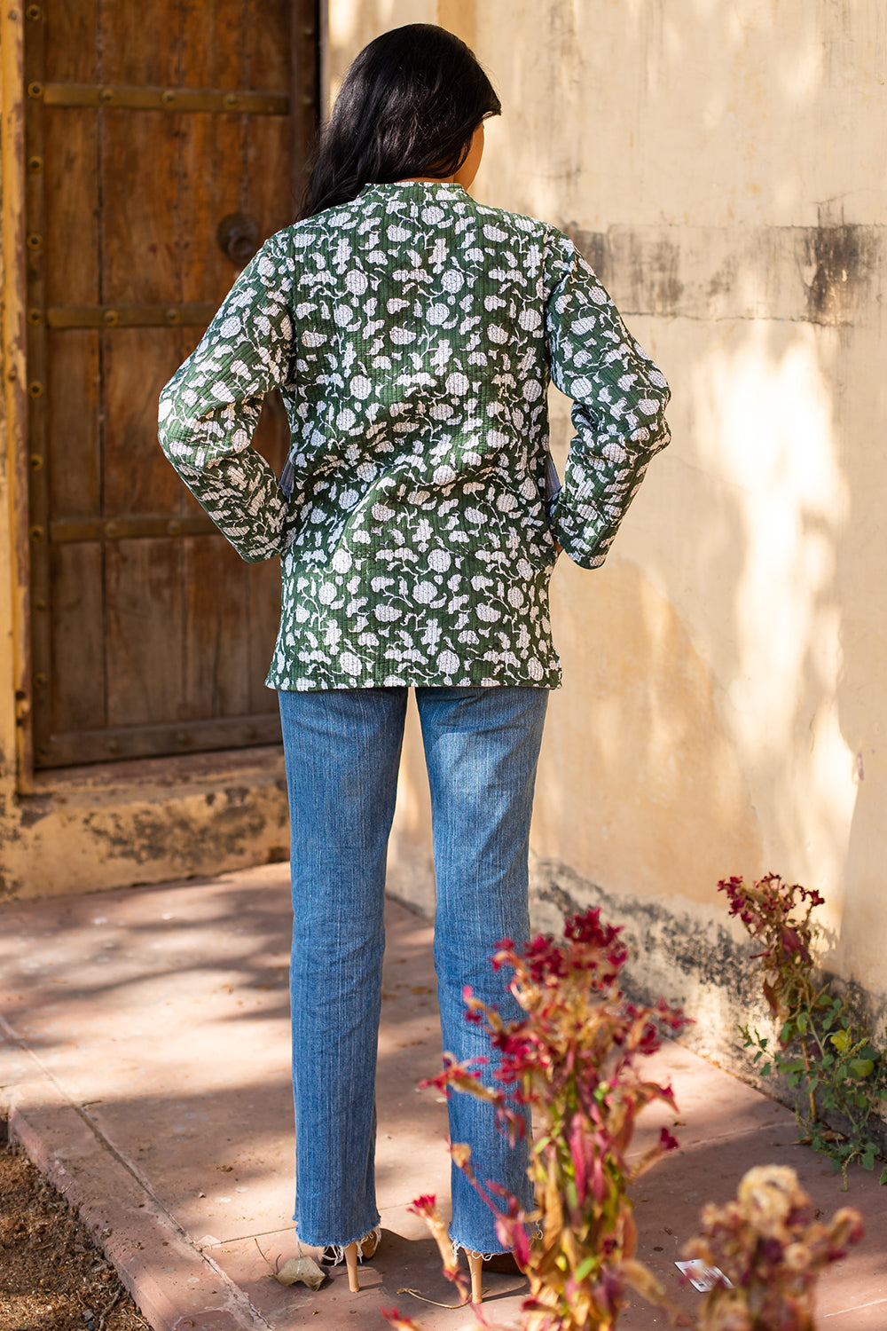 Cotton Full Sleeves Quilted Jacket White Green Floral Block Print