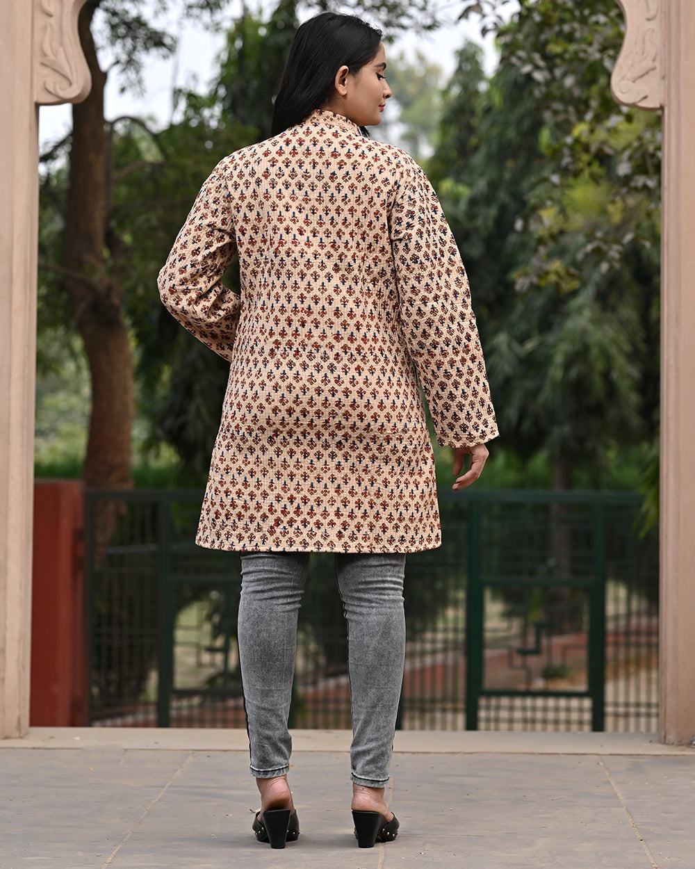 Cotton Long Coat Quilted Jacket Brown Booti Bagru Block Print 1 (6670640382051)
