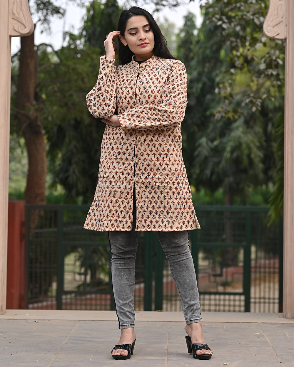 Cotton Long Coat Quilted Jacket Brown Booti Bagru Block Print (6670640382051)