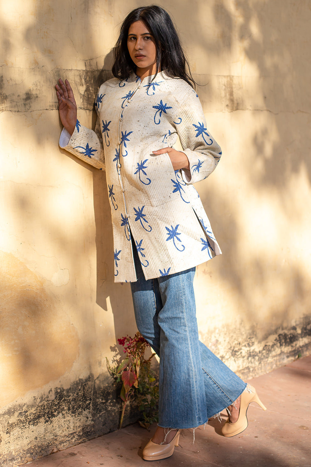 Cotton Long Coat Quilted Jacket Stone Wash Floral Dabu Print