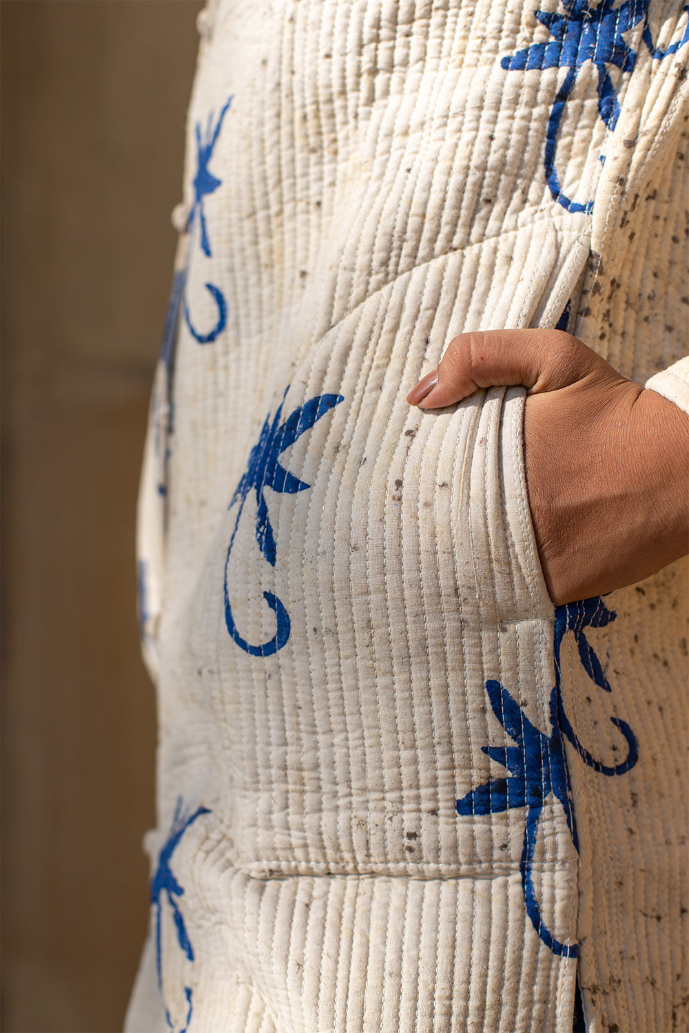 Cotton Long Coat Quilted Jacket Stone Wash Floral Dabu Print