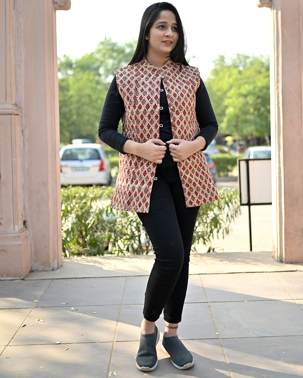 Cotton Sleeveless Quilted Jacket Red Brown Booti Bagru Print (6674268422243)