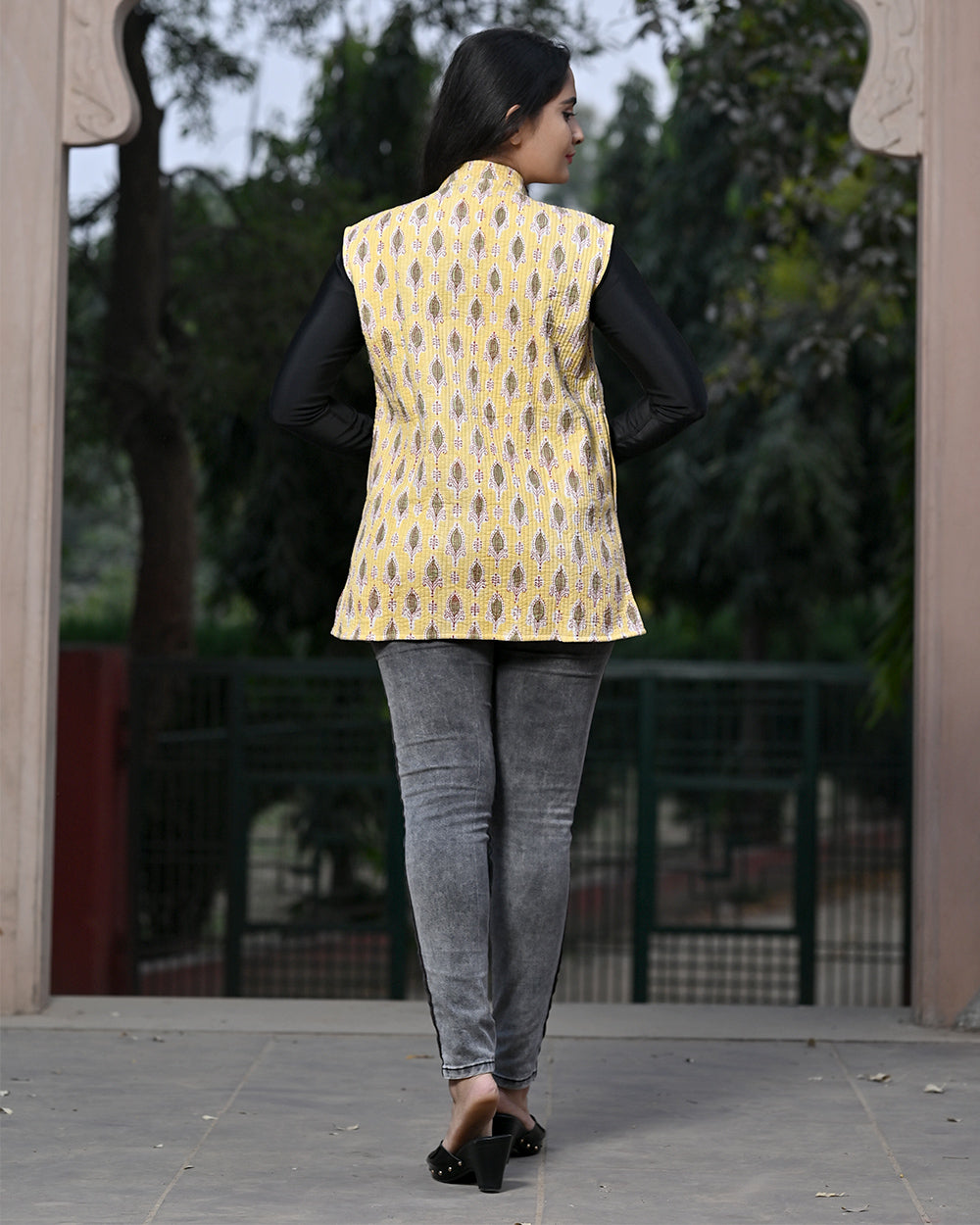Cotton Sleeveless Quilted Jacket Lemon Yellow Floral Block Print 2 (6670640644195)