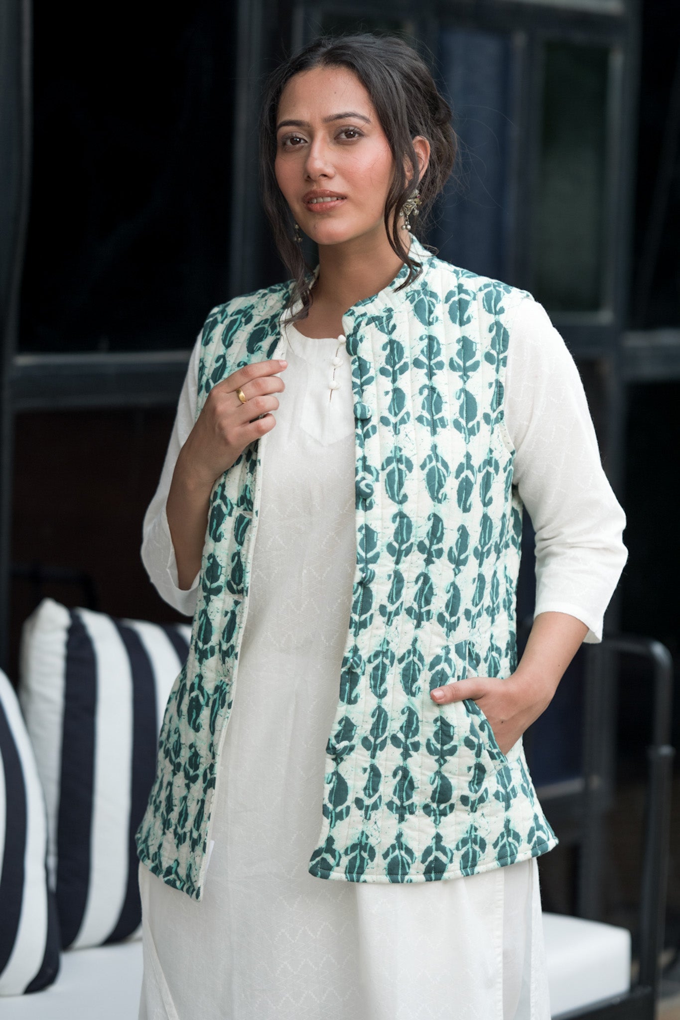 Teal Blue on White Half Sleeves Quilted Jacket