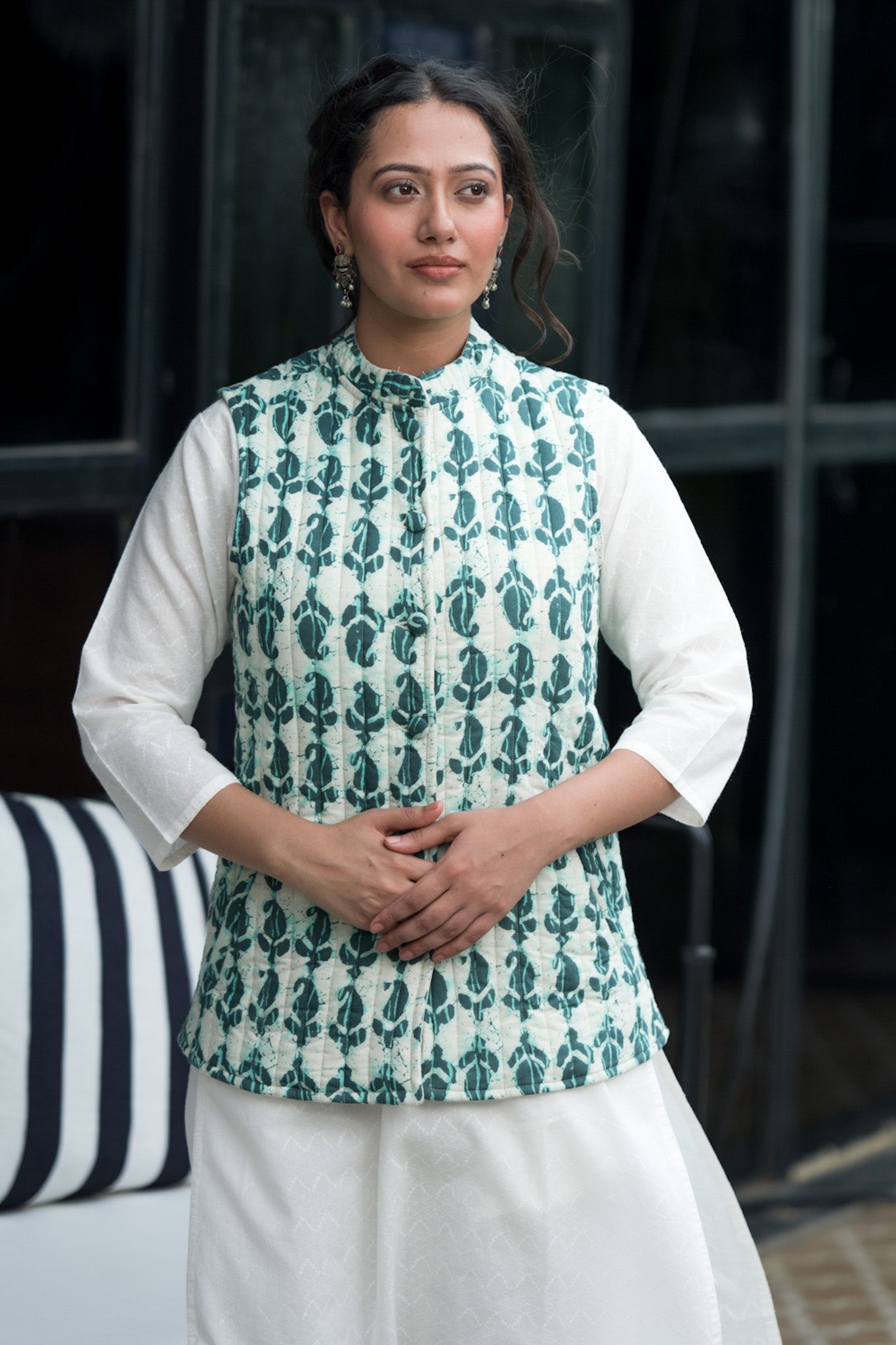 Teal Blue on White Half Sleeves Quilted Jacket (6849074790499)