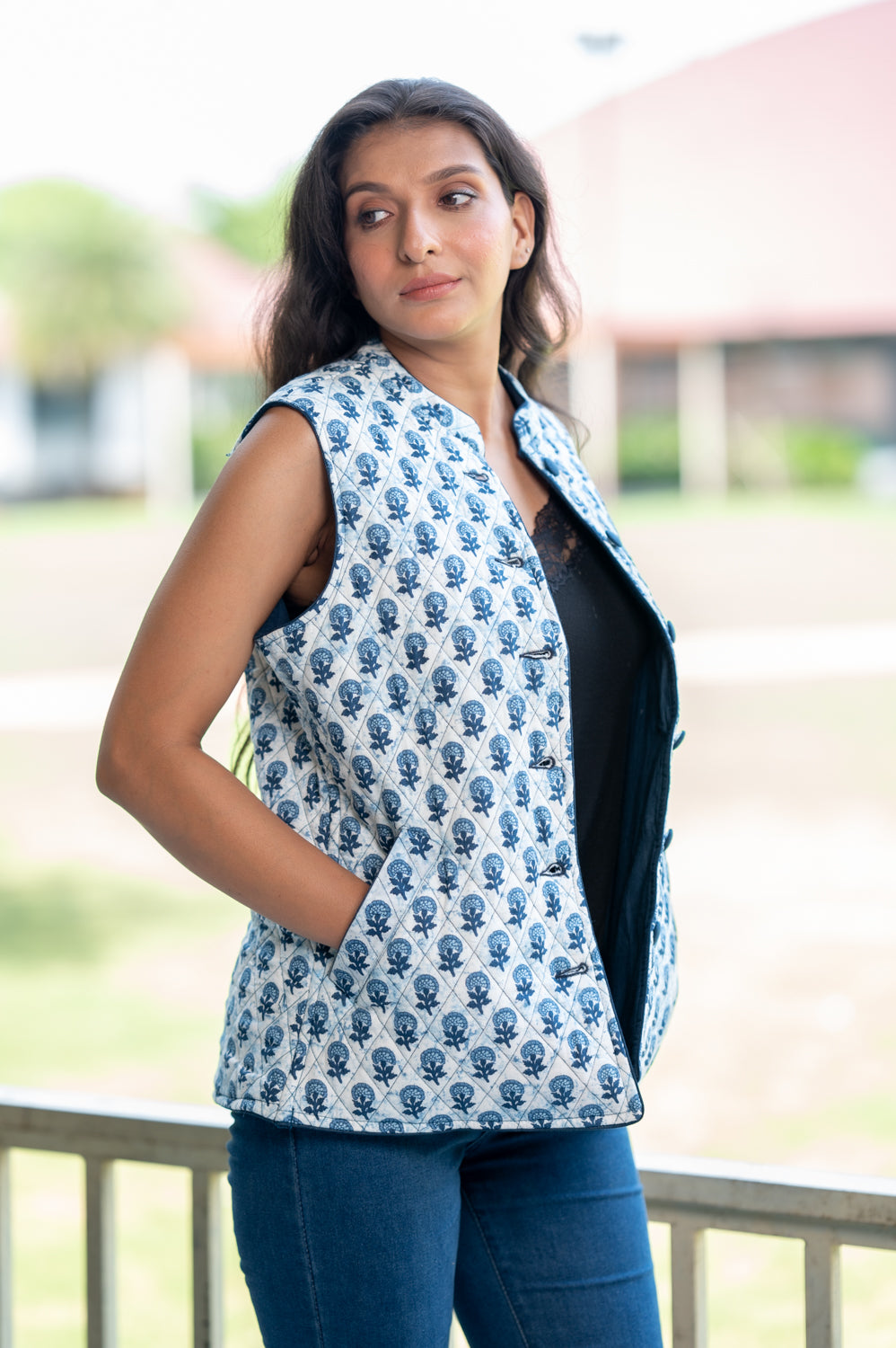 Indigo Quilted Short Sleeveless Jacket (6840076173411)