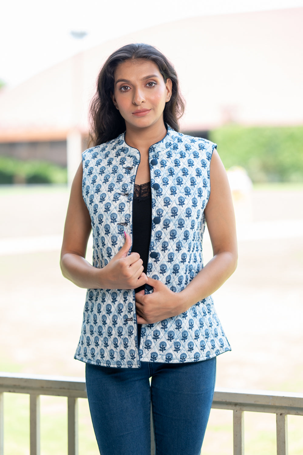 Indigo Quilted Short Sleeveless Jacket (6840076173411)