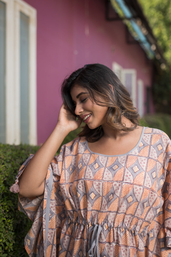 Cotton Peach Grey Geometric Block Print Ankle Length Kaftan 2 (6643254722659)