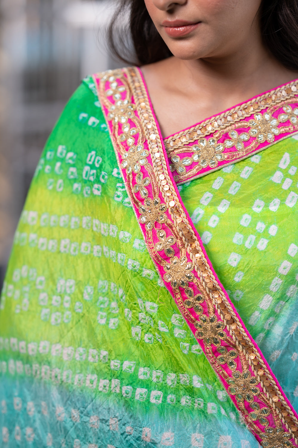 Sea Green Gotta Patti Bandhani Saree In Art Silk (6840633131107)