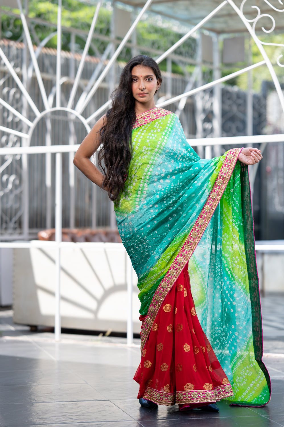Sea Green Gotta Patti Bandhani Saree In Art Silk (6840633131107)