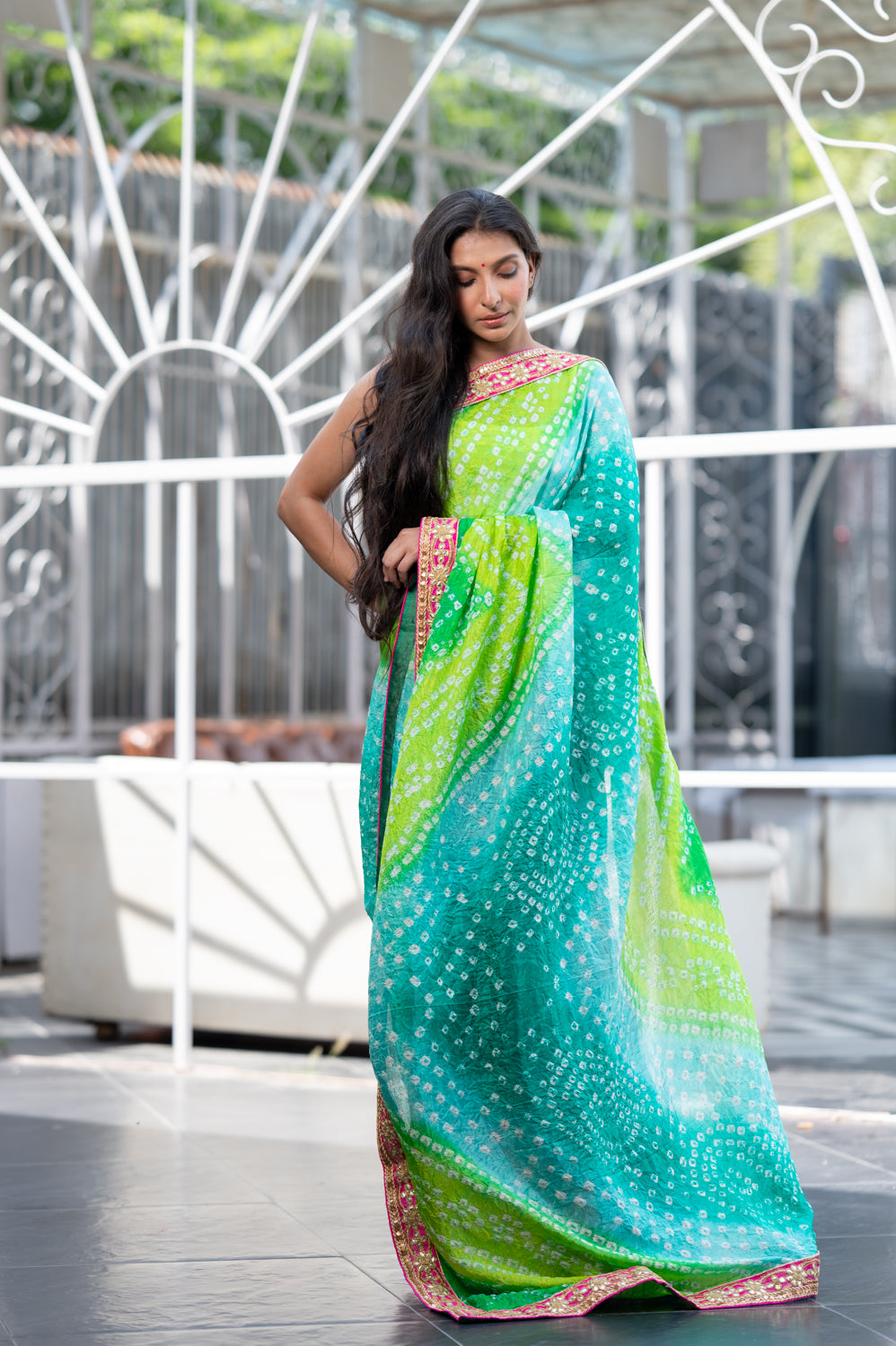 Sea Green Gotta Patti Bandhani Saree In Art Silk (6840633131107)
