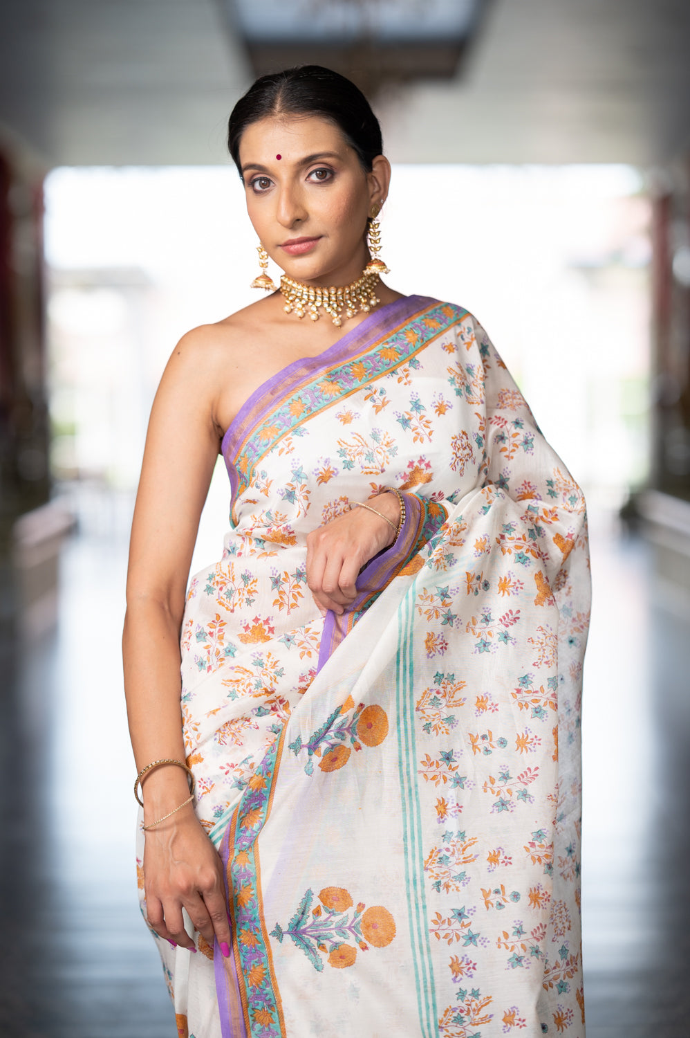 White Flowery Hand Block Chanderi Saree (6840633196643)