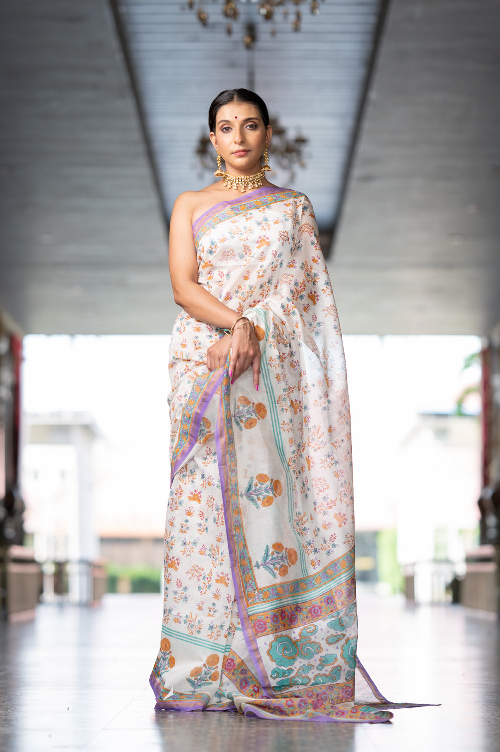 White Flowery Hand Block Chanderi Saree (6840633196643)