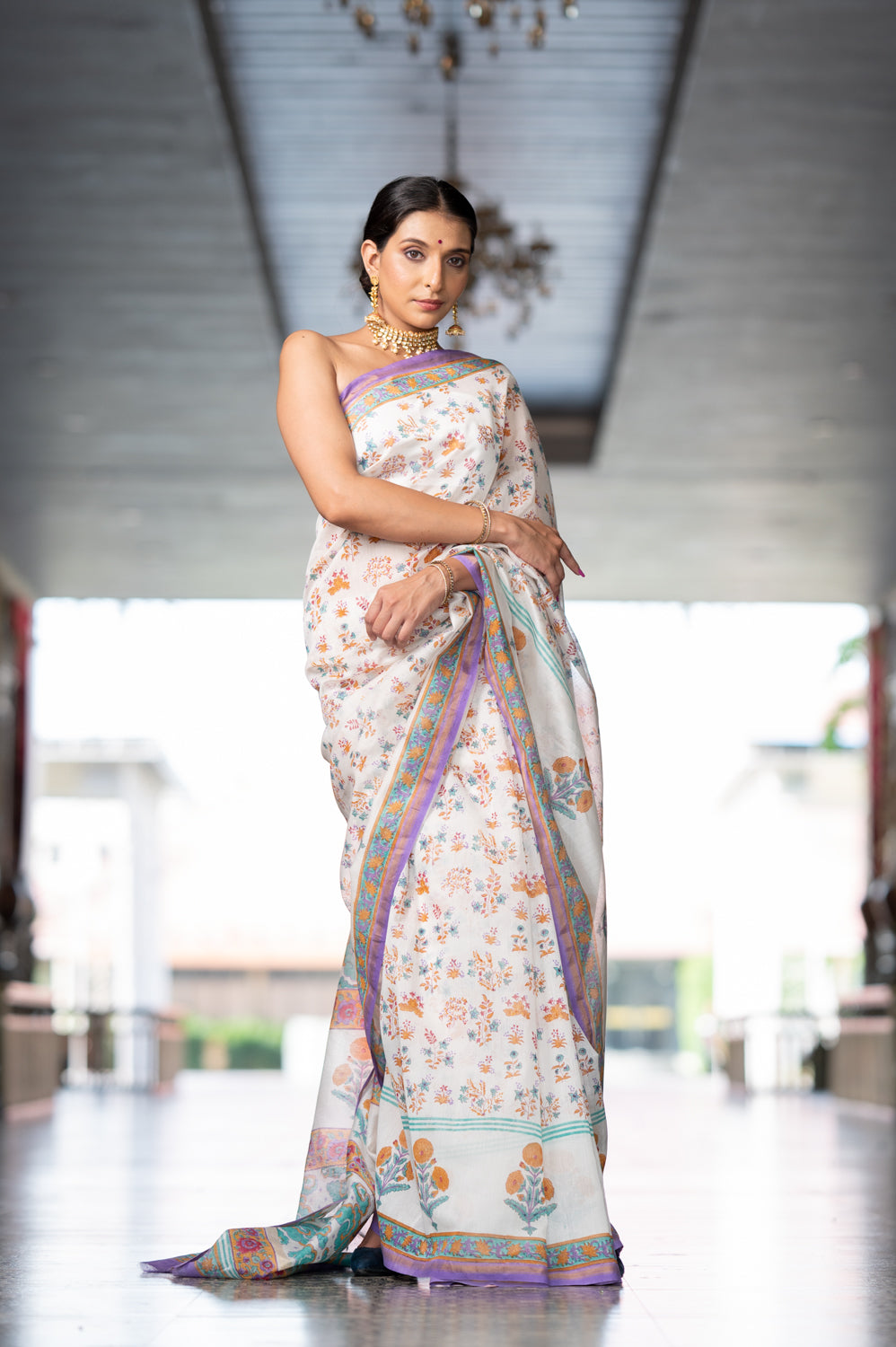 White Flowery Hand Block Chanderi Saree (6840633196643)