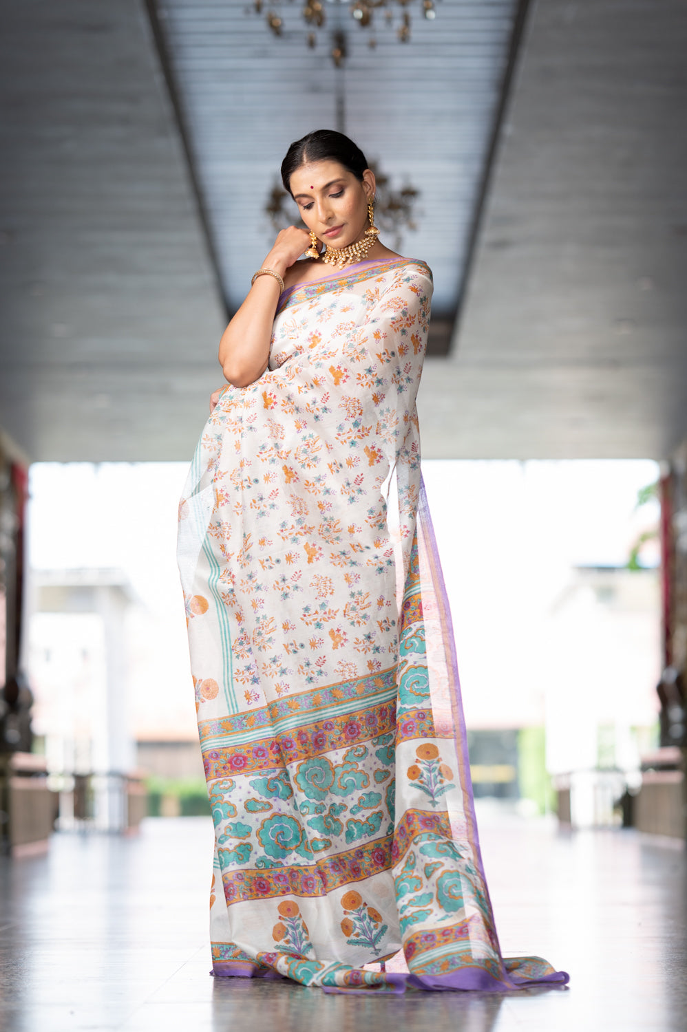 White Flowery Hand Block Chanderi Saree (6840633196643)