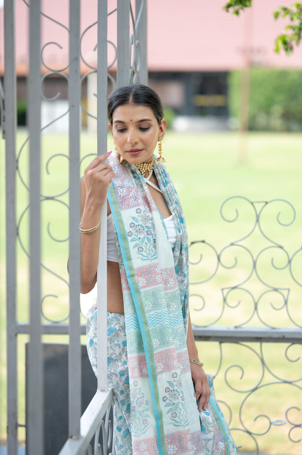 Soothing Flowery Blue Hand Block Chanderi Saree (6840633229411)