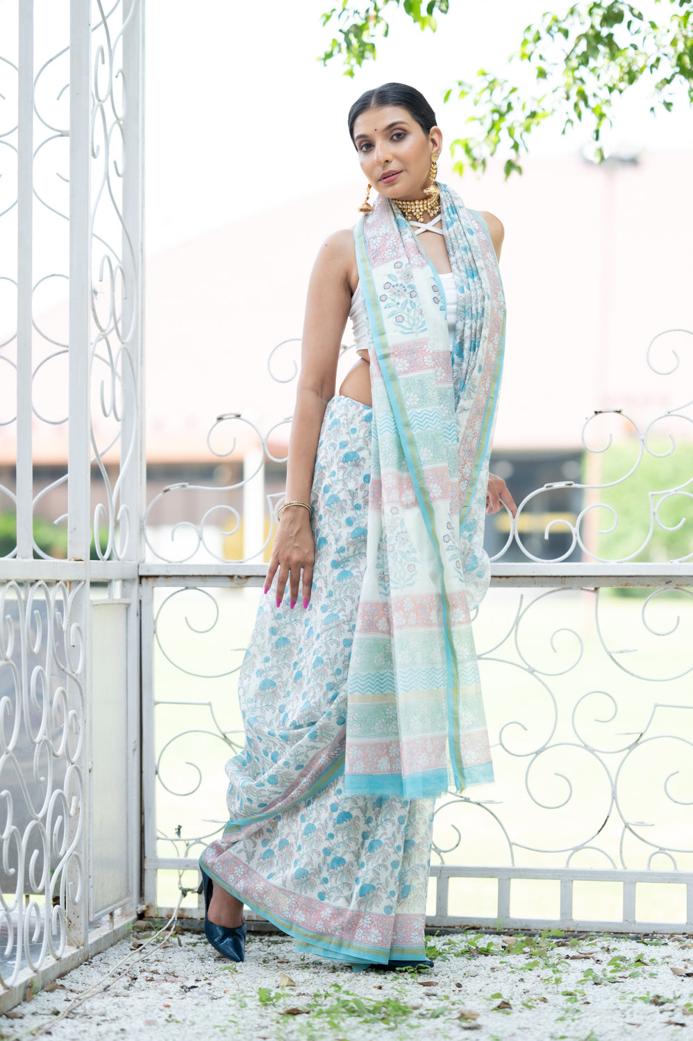 Soothing Flowery Blue Hand Block Chanderi Saree (6840633229411)