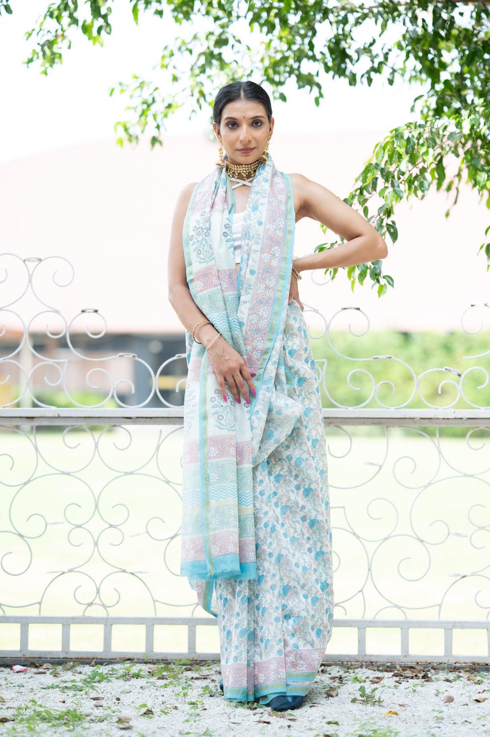 Soothing Flowery Blue Hand Block Chanderi Saree (6840633229411)