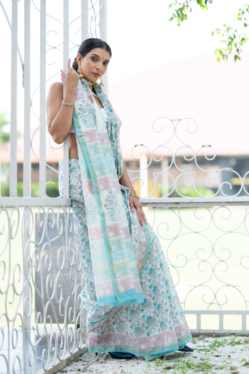 Soothing Flowery Blue Hand Block Chanderi Saree (6840633229411)