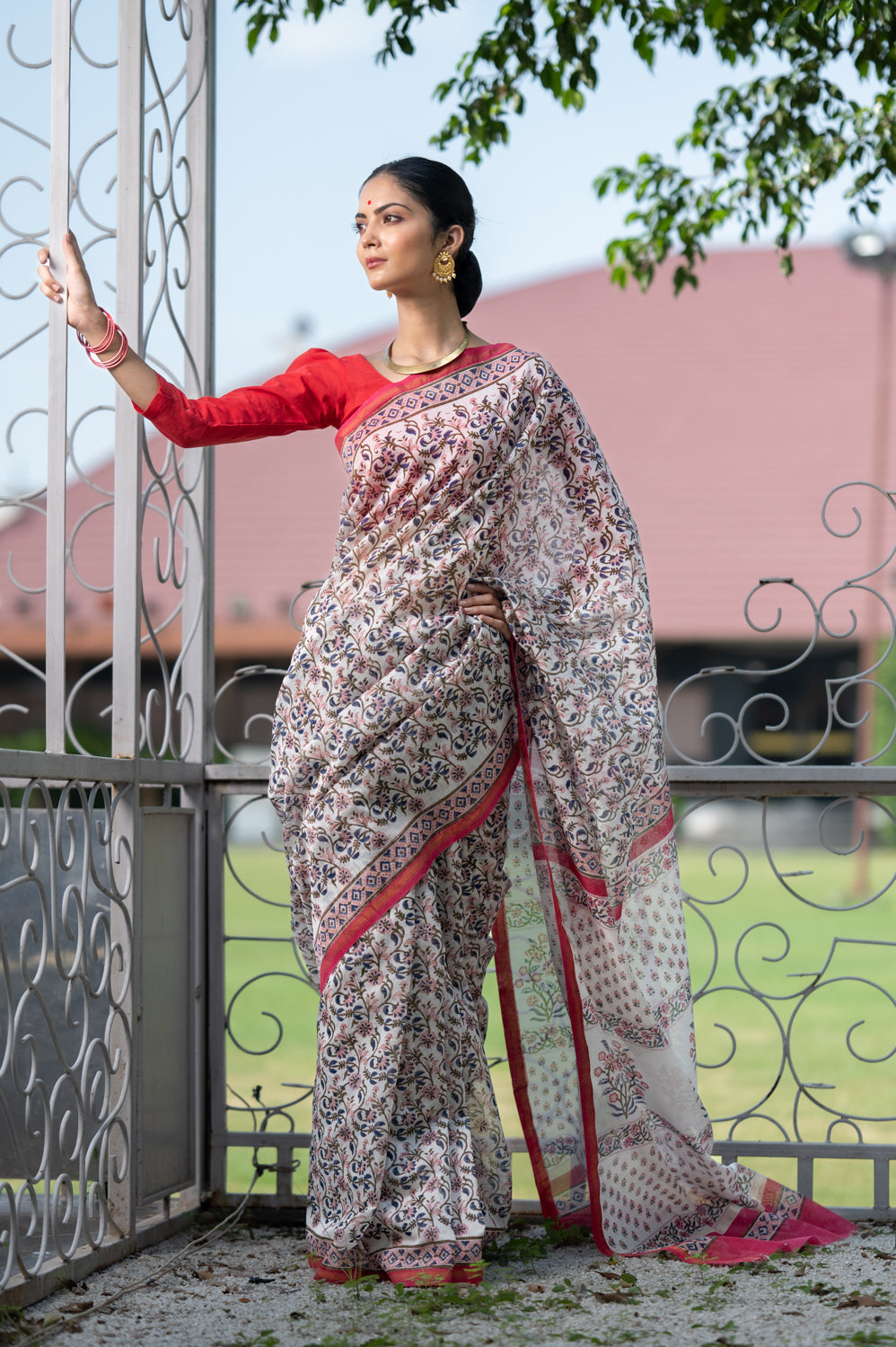 Peach-Blue Jaali Printed Chanderi Saree (6840633262179)