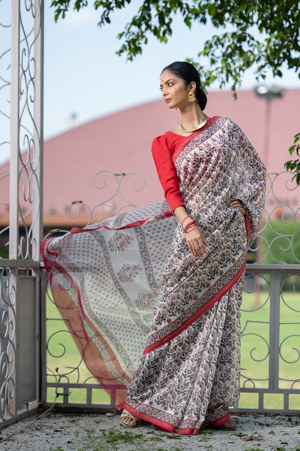 Peach-Blue Jaali Printed Chanderi Saree (6840633262179)