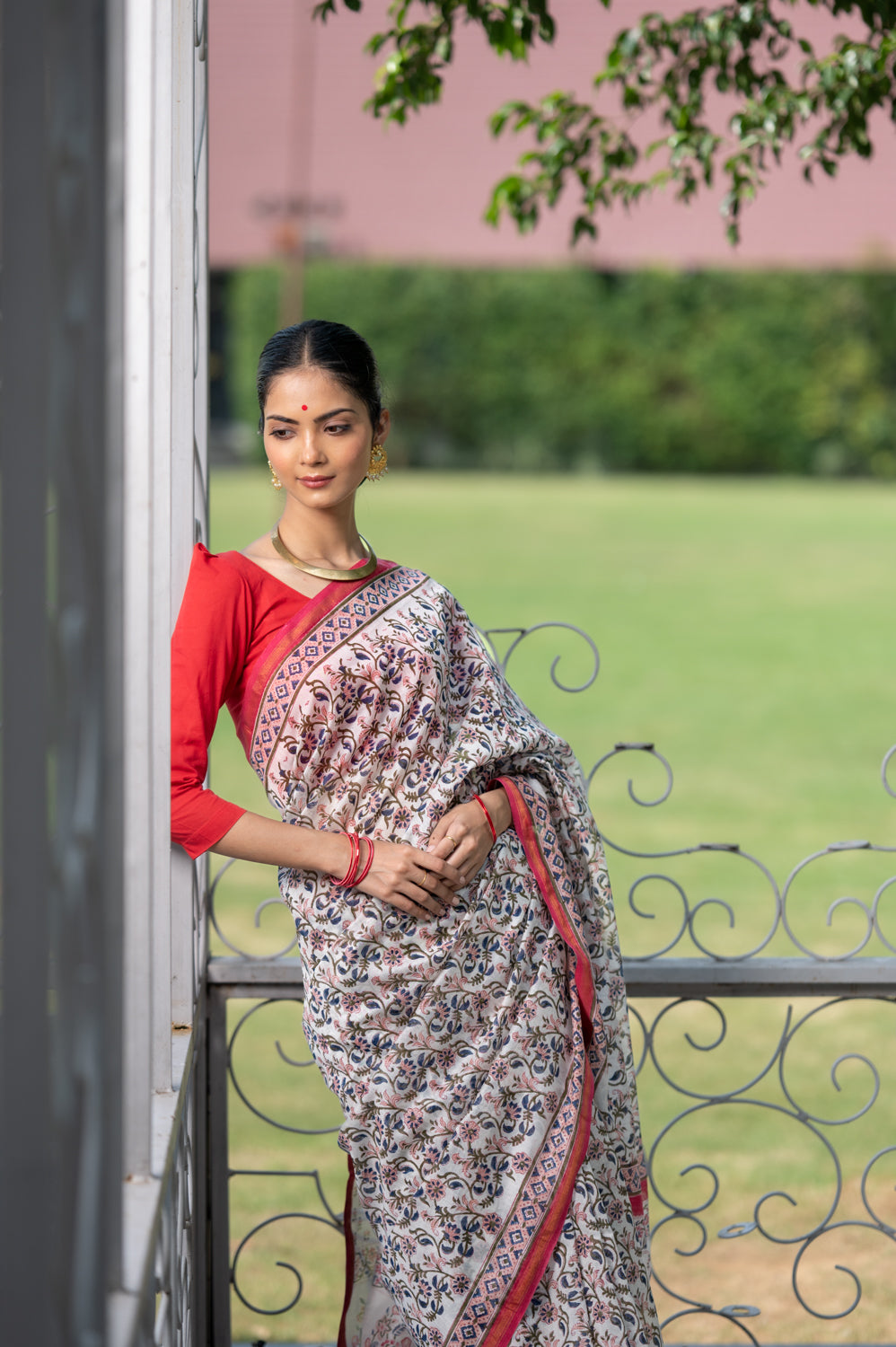 Peach-Blue Jaali Printed Chanderi Saree (6840633262179)