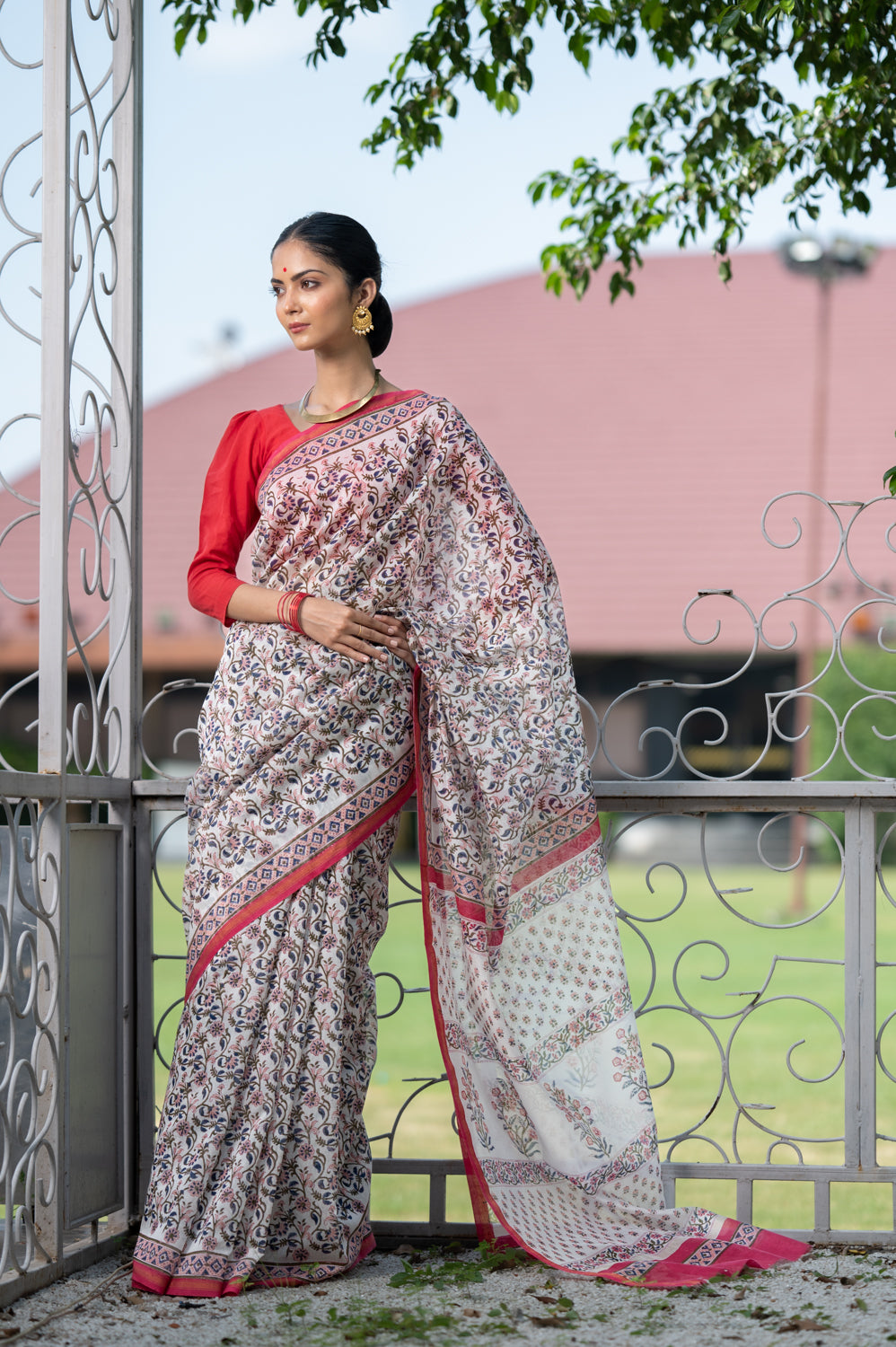 Peach-Blue Jaali Printed Chanderi Saree (6840633262179)