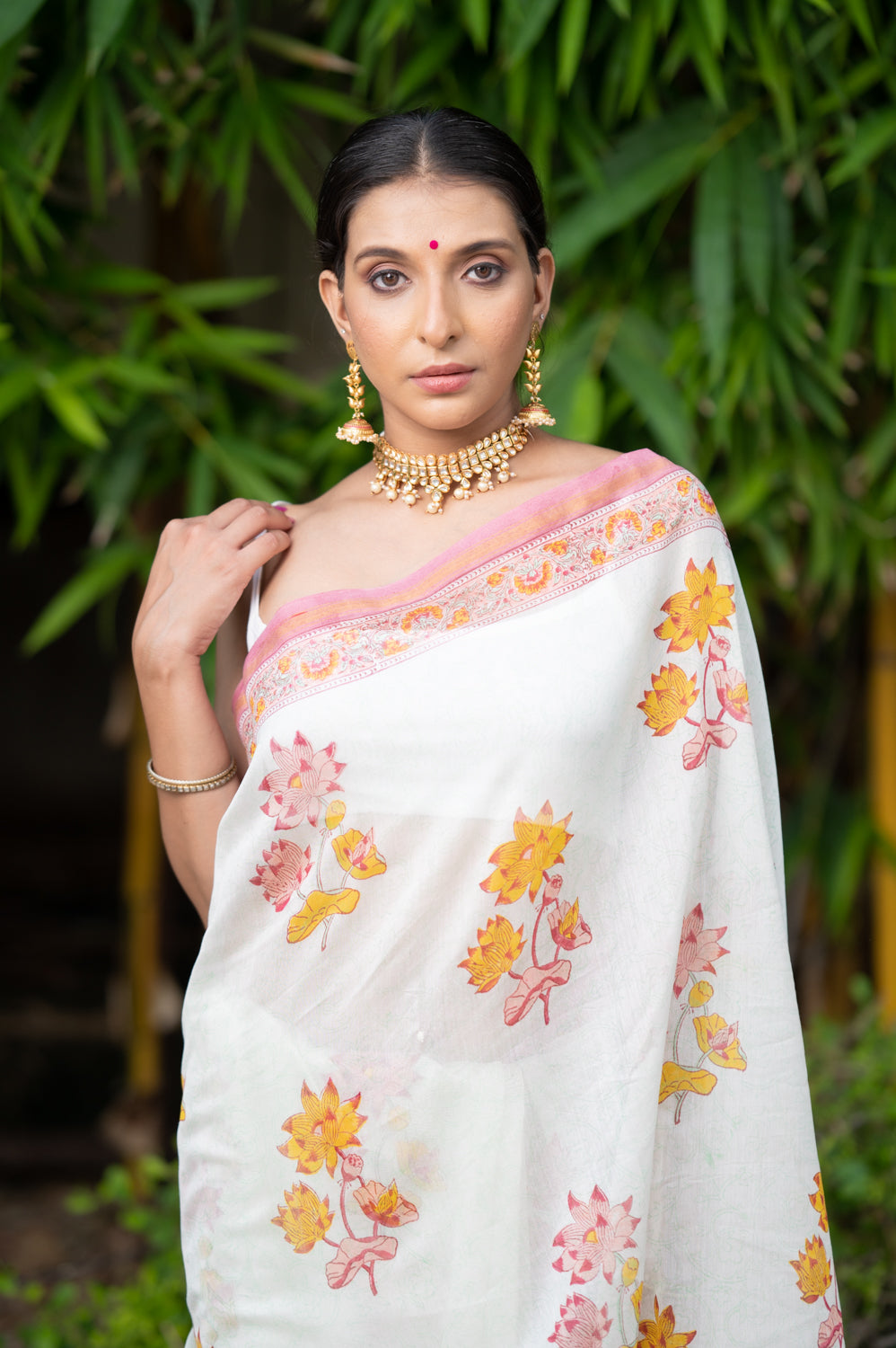 Laxmi Lotus Block Printed Chanderi Saree (6840633393251)