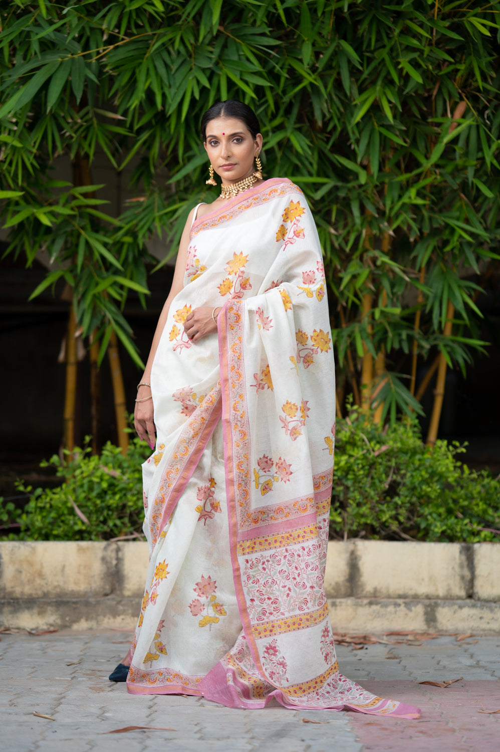 Laxmi Lotus Block Printed Chanderi Saree (6840633393251)